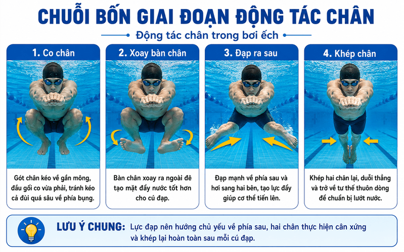Cú đạp chân hiệu quả cần đưa gót về gần mông, xoay bàn chân ra ngoài, đạp về sau rồi khép chân.