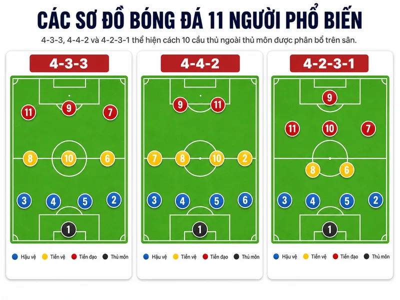 Các sơ đồ như 4-3-3, 4-4-2 và 4-2-3-1 thể hiện cách 10 cầu thủ ngoài thủ môn được phân bổ trên sân.