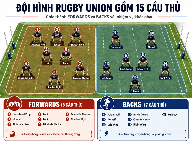Đội hình rugby union gồm 15 cầu thủ được chia thành forwards và backs với nhiệm vụ khác nhau