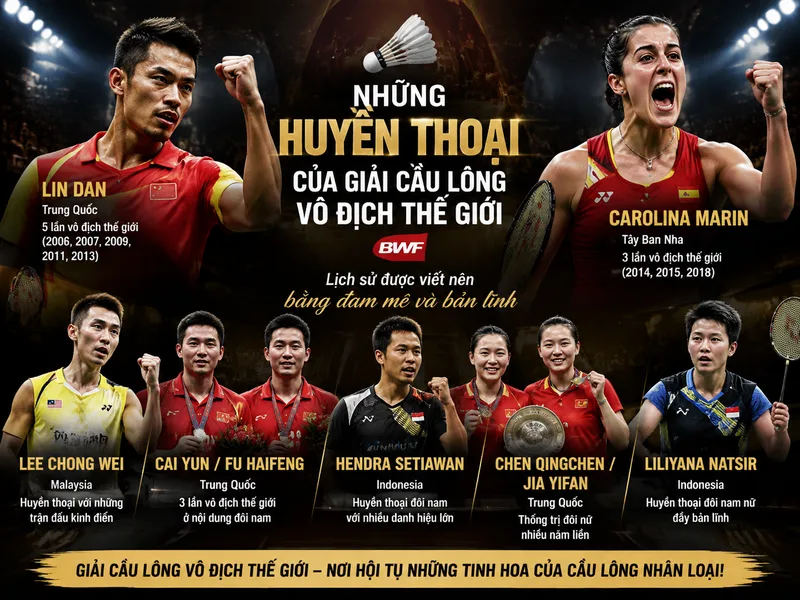 Lin Dan, Carolina Marin và nhiều huyền thoại đã tạo nên những chương đáng nhớ trong lịch sử giải cầu lông vô địch thế giới.