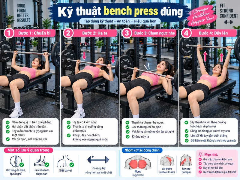 Kỹ thuật bench press đúng từ lúc hạ tạ đến khi đẩy thanh lên