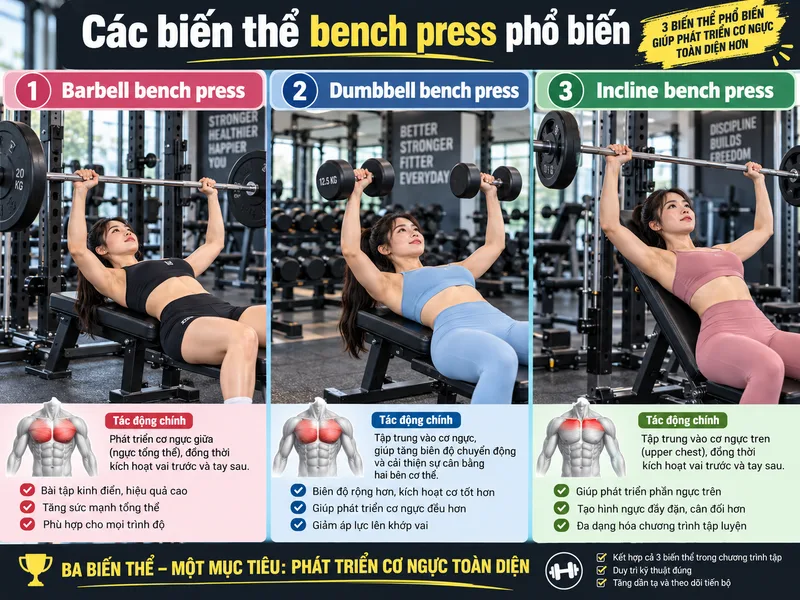 Barbell, dumbbell và incline là các biến thể bench press phổ biến